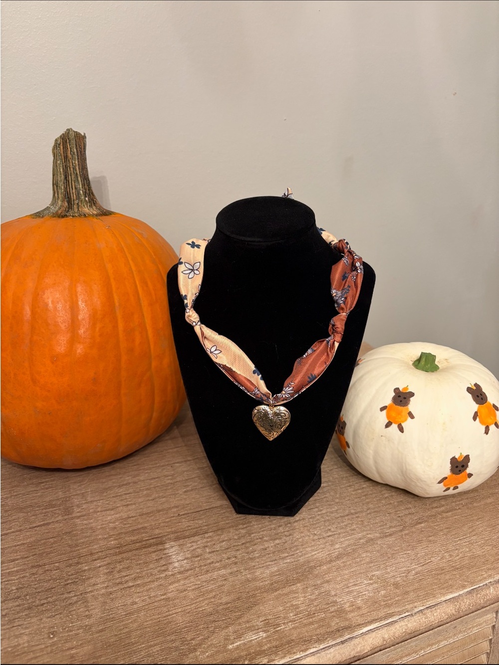 Heart Pendant Knot Scarf Necklace in Cream and Rust